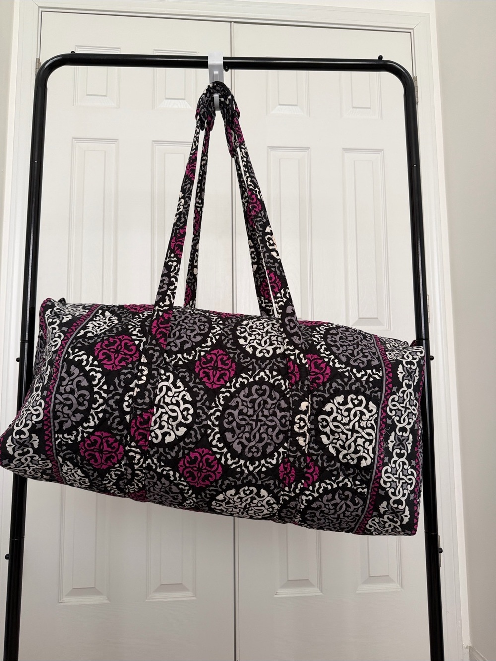 Vera Bradley Large Patterned Quilted Travel Tote in Black, White & Magenta